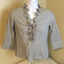 Talbots Petites Womens Top Blouse Shirt Sz 6P Stretch Blue Ruffle Front FS!