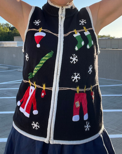Vintage Ugly Christmas Sweater Weste Gr. L Holiday Zip Baumwolle Viskose schwarz - Bild 3 von 16