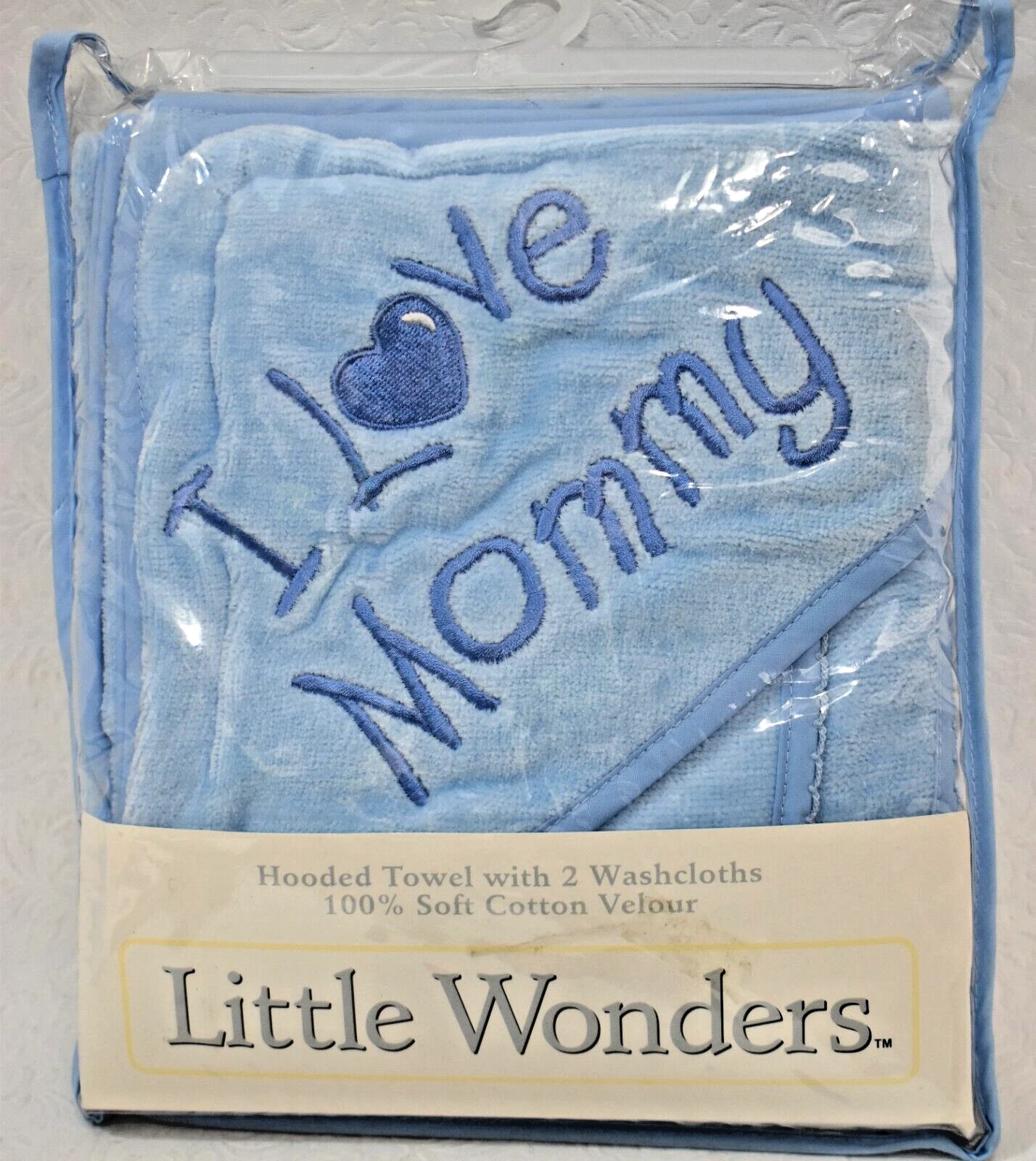 Sears Little Wonders Baby Hooded Towel & 2 Washcloths Blue I Love Mommy Vintage