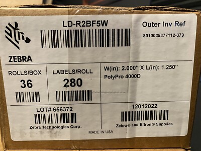 Box Of 36 Zebra Polypro 4000D LD-R2BF5W Label Papers 2'' x 1.25''