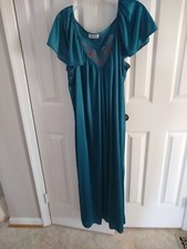 Vtg Vanity Fair Teal Blue Embroidered Nightgown Silky Nylon Flutter Sleeve M EUC