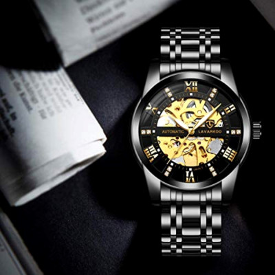 Mens Watch Luxury Mechanical Stainless Steel Skeleton Diamond Dial Wrist Watch
