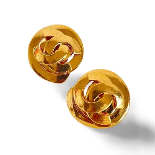 Vintage CHANEL gold tone round snail design earrings with CC mark. Rare jewelry
