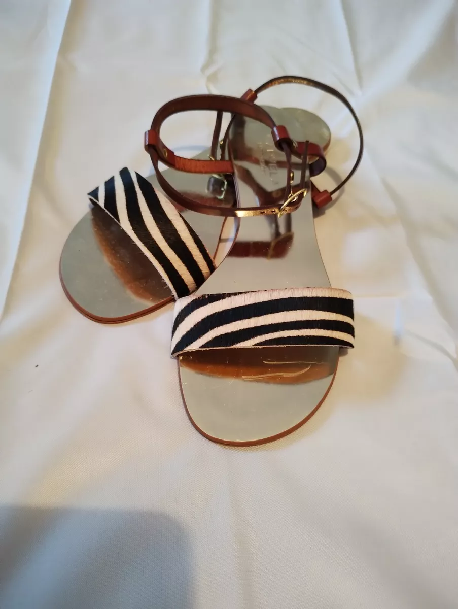 Kurt Geiger Tan Leather Zebra Print Flat Sandals Size 3 New Boxed