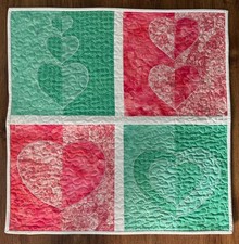 Hand-Made Machine Quilted Table Topper 24"x24". Reversible. Hearts. Pink/Green