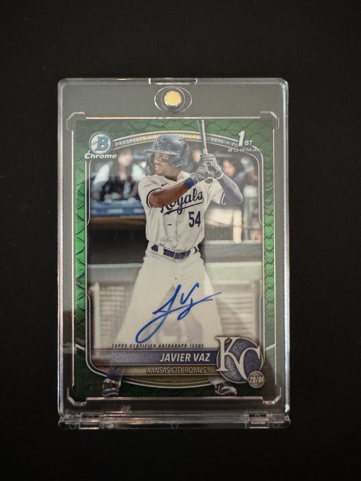 2025 Bowman Javier Vaz 1st Chrome Auto Green Reptilian #/99 CPA-JVA Royals
