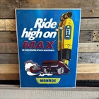 Monroe Shocks Embossed Aluminum Sign Ride High On MAX Muscle Car Vintage 70s