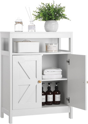 Bathroom Floor Cabinet Wooden Storage Organizer with 2 Doors, Free-Standing Cupb