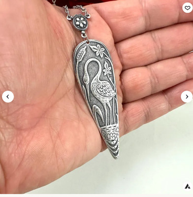 Antique Silver Heron Necklace Vintage Art Deco Bird Pendant Nature Lover Gift