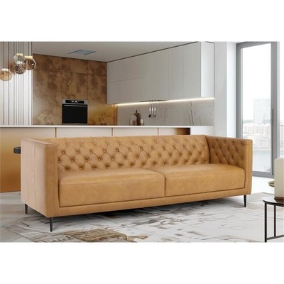 Pemberly Row Contemporary Top Grain Leather Sofa in Tan Finish