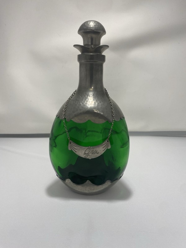 Royal Holland Green Glass Pewter Gin Decanter - Daalderop Pewter Cork, Chain