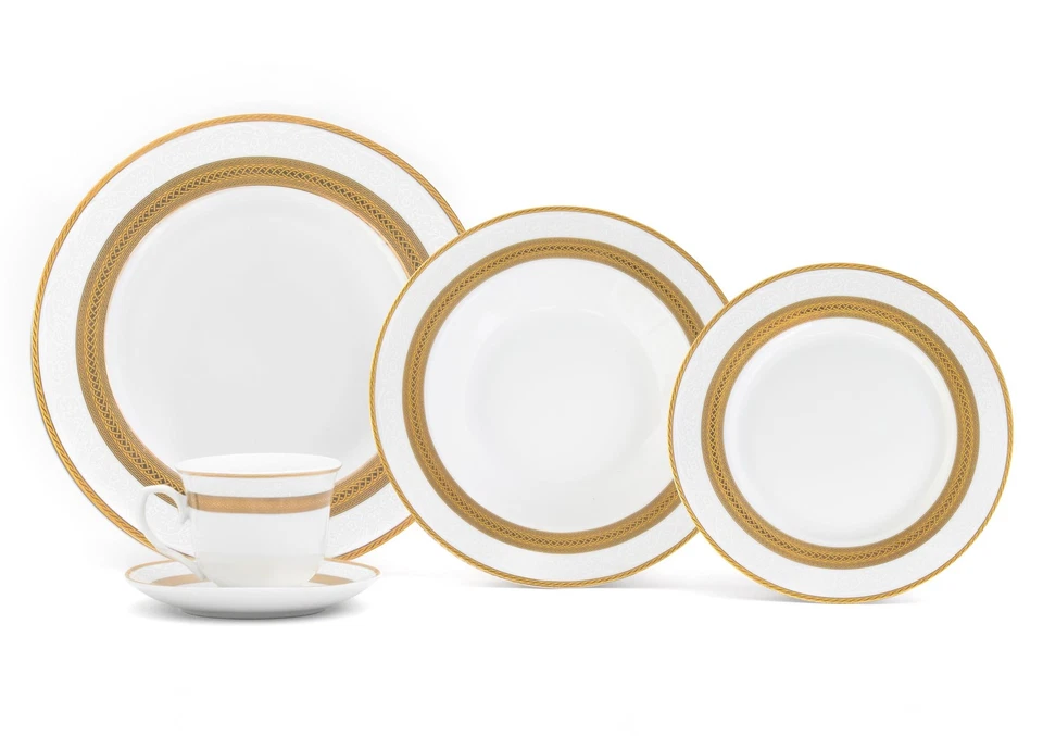Juego de vajilla Royalty Porcelain Queen de 5 piezas blanco y dorado, chapado en oro de 24K Foto 3 de 4
