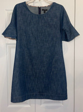 J. CREW WOMEN’S SIZE 6 DENIM SHIFT DRESS KNEE LENGTH RUFFLE SLEEVES CASUAL CHIC