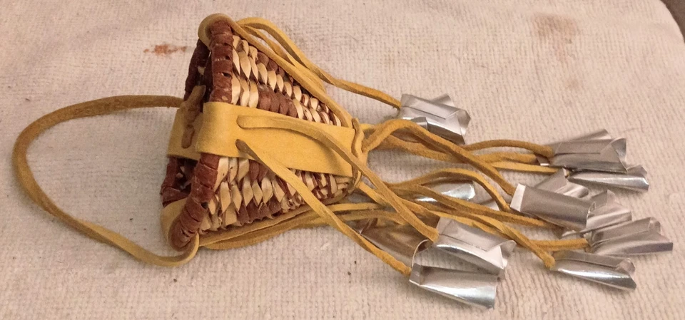 Great Vintage Mini Hand Crafted Apache Burden Basket 16 Tin Cones - Image 2 of 4