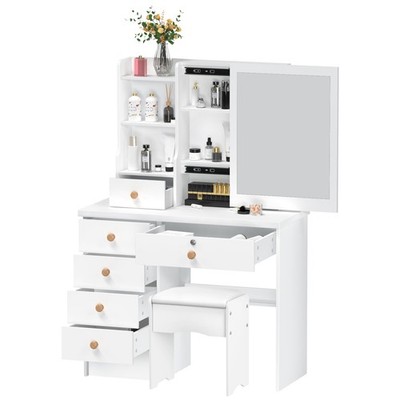 Dressing Table with Sliding Mirror 6 Drawers for Bedroom 31.5x15.8x53.2in