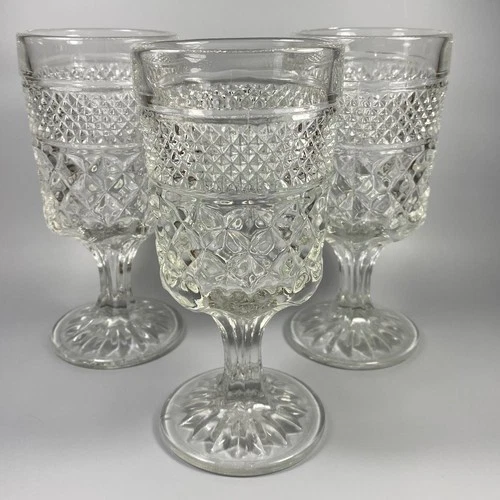Vintage Anchor Hocking Wexford Diamond Point Goblets 6 5/8 in ~ Set of 3