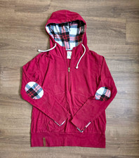Ampersand Avenue Women's Red Half- Zip Hoodie Plaid-Lined Hood Pockets L