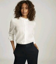 Reiss Liddy Baumwolle Seide Mischung Rüschendetail Bluse, weiß - Größe 8