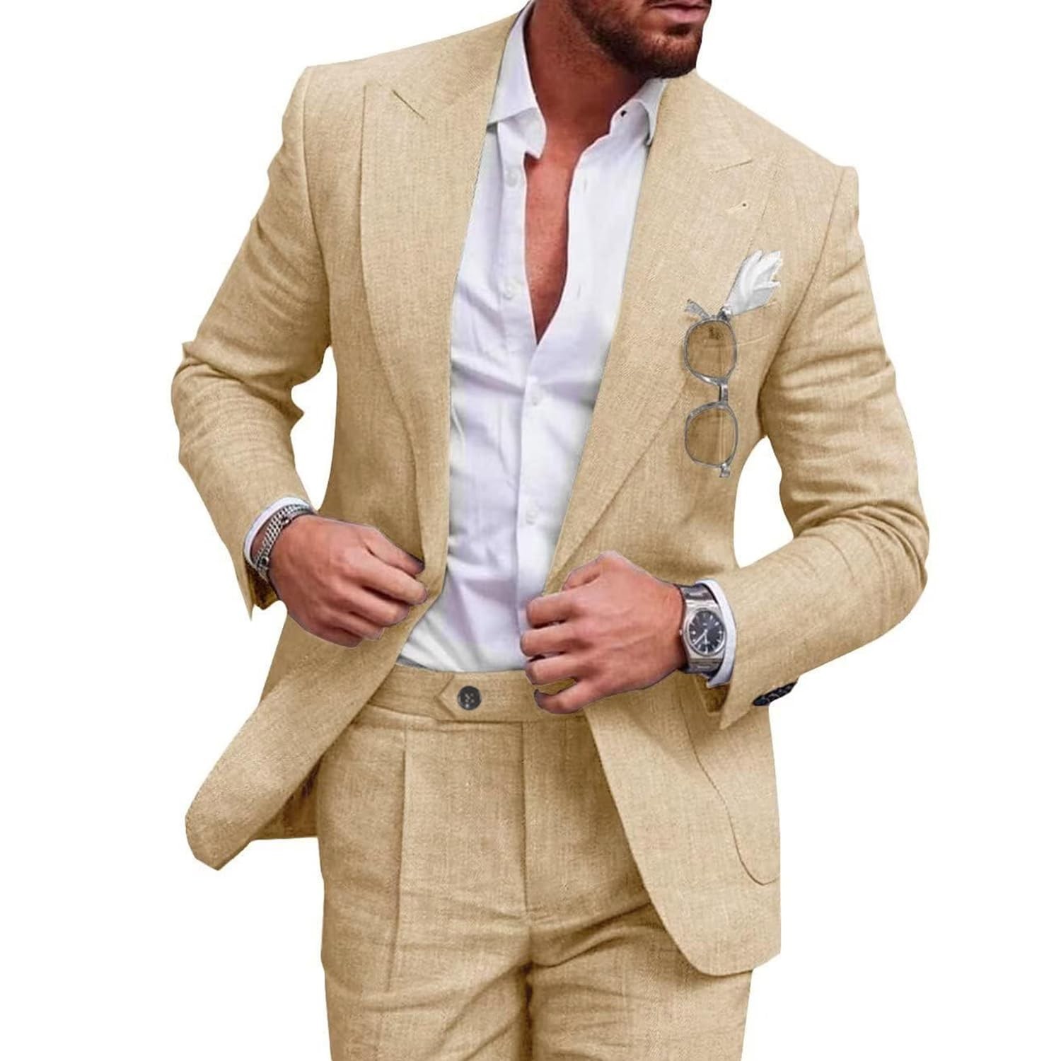 UNINUKOO Linen Suit for Men Summer Wedding 2 Piece Suit Set 