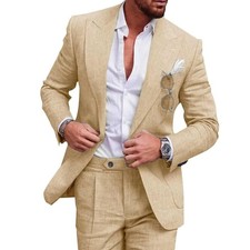UNINUKOO Linen Suit for Men Summer Wedding 2 Piece Suit Set Peak Lapel Casual