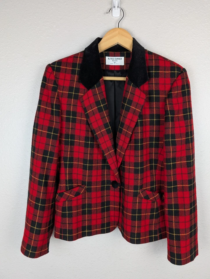 Blazer feminino vintage Alfred Dunner pequeno 6 xadrez vermelho lã colarinho de veludo anos 90 - Imagem 2 de 4