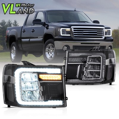 VLAND For 2007-2014 GMC Sierra Full LED Sequential Tube Tri Projector Headlights