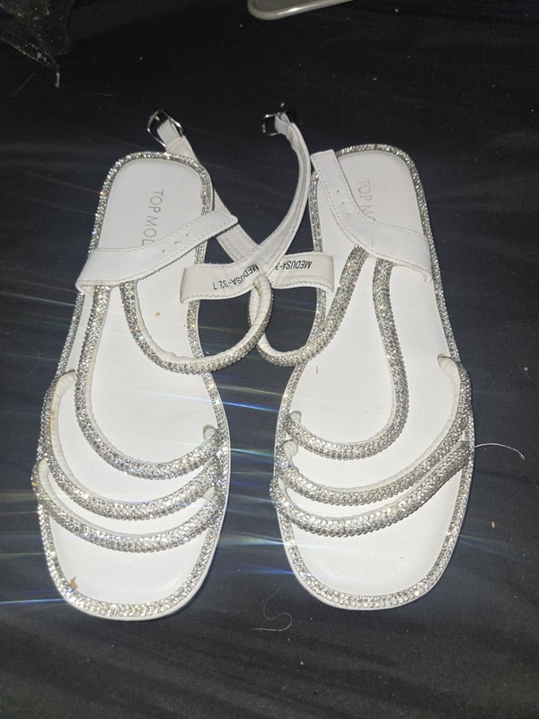 white Top Moda flat sandals feature strappy rhinestone  Size 7 Womens