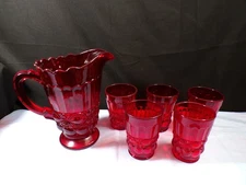 L.G. Wright Ruby Red Glass Eyewinker Eye Winker Water Set - Pitcher & 5 Tumblers