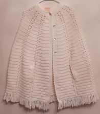 Vintage Handmade White Crochet Knit Poncho Cape With Fringe Hem  Button Closure
