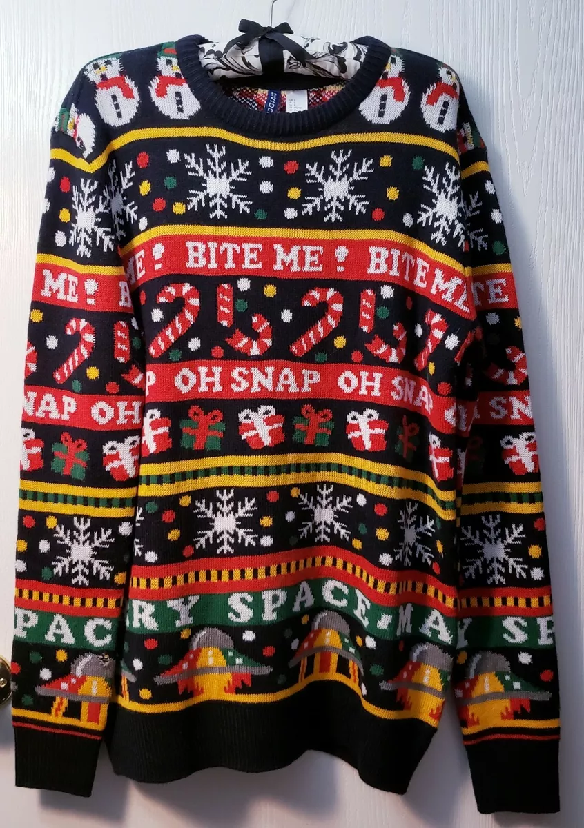 H M Divided Christmas Sweater Bite Me Oh Snap Navy Trim Adult SMALL