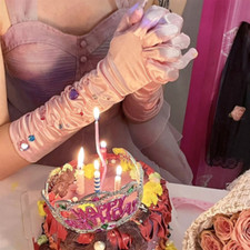 Princess Long Satin Gloves Pleat Detail Rhinestone Sticker Birthday Party Modern