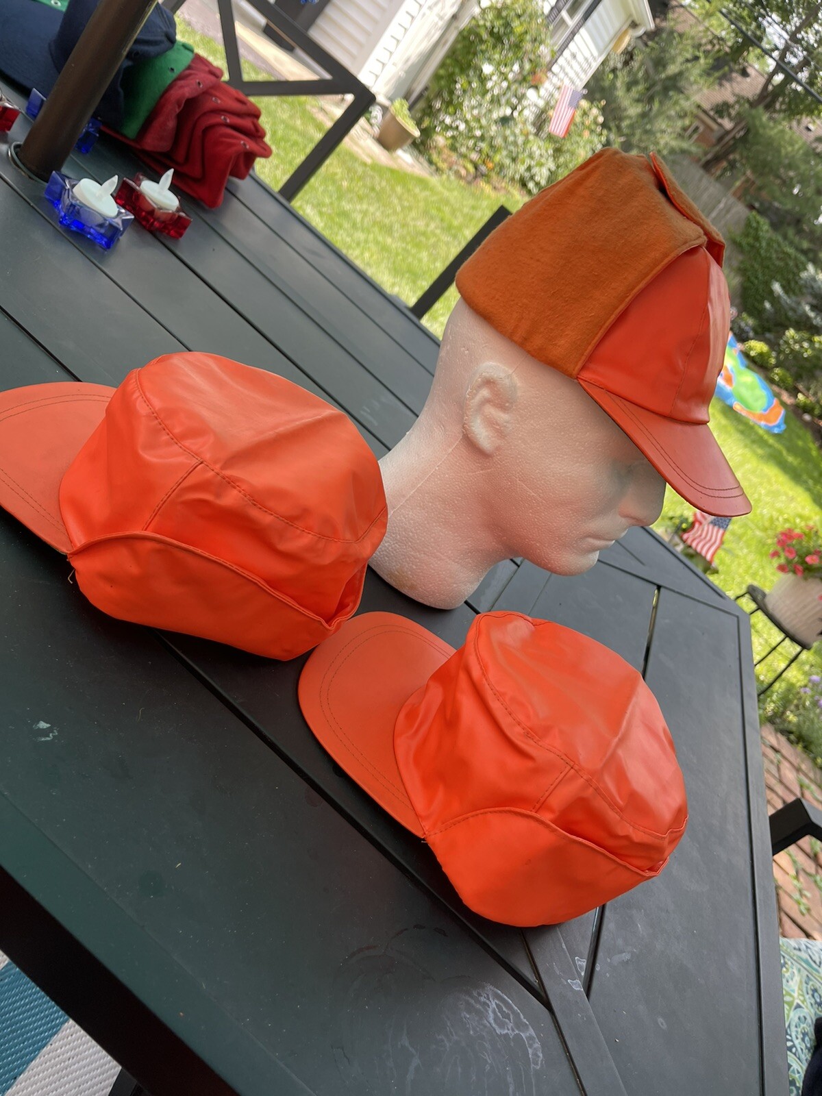 Lot of 3 VTG Blaze Orange Hunting Hat USA Made w Ear Flaps Men's Small