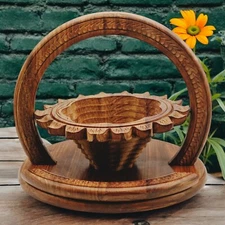 Hand Carved Round Sunflower Wooden Collapsible Accordion Bowl Basket