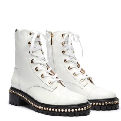 Schutz Patent Embedded Crystal Detail Block Heel Combat Boots