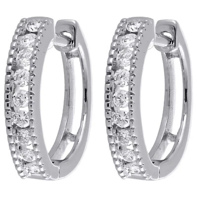 10K Weißgold Diamant Mini Reifen / Huggie Milgrain Kanal Set Ohrringe 1/4 CT - Bild 1 von 4