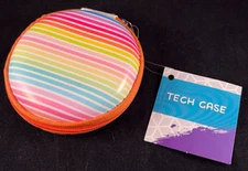 Tech Case - Earbuds Case - Hard Sides - Zipper - Cord Storage - Rainbow w/Orange
