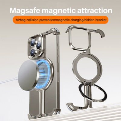 Frameless Magnetic Magsafe Metal Bumper Stand Case For iPhone 15 Pro Max 14 13