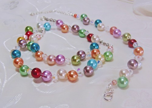 Handmade Multicoloured Faux Pearl Necklace and Bracelet - Imagen 4 de 6