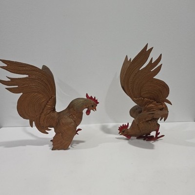 Vintage Pair of Brass Fighting Cocks -Roosters Mid-Century Modern Spain Figures