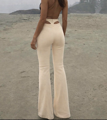 Bershka Pants Women's Ivory Stretch Wide Leg Back Cut-Out Sz L NWT