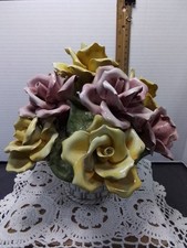 Rare Vtg Capodimonte weave basket with pink yellow roses centerpiece Italy