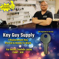 A18 STAMPED Keys. 1 NEW KEY FOR HUSKY TOOL BOX, Home Depot, Licensed locksmith.