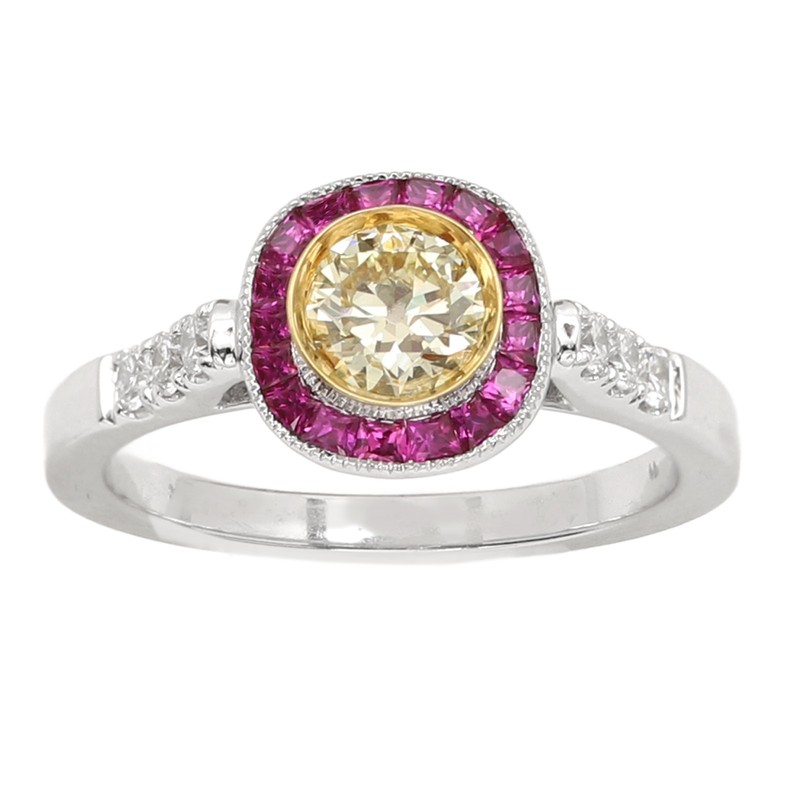 Vintage Natural Yellow Diamond Red Rudy Ring Art Deco 18k white gold