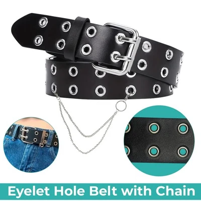 Gürtel Damen Herren PU Leder Taille Ösen Löcher Punk Kette Verstellbare Schnalle - Bild 1 von 4
