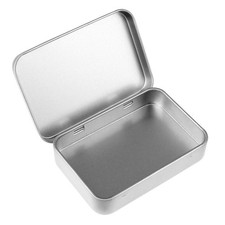 Rectangular Small Metal Tin Box With Lid Hinged Storage Container Silver