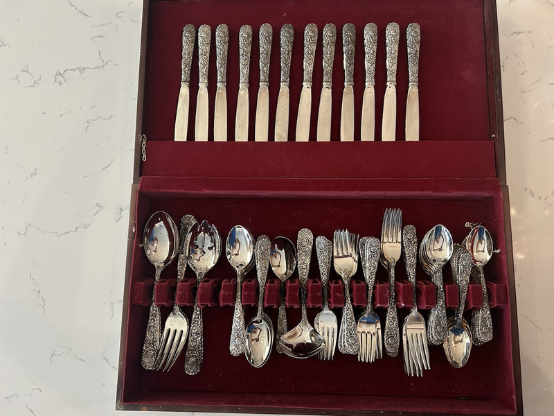 Godinger Silver Plated “Olde Bouquet” Flatware Set, 67 pcs w/ Wooden Case
