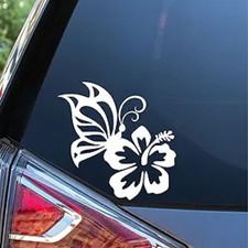 Butterfly On Hibiscus Flower Decal Vinyl Car Sticker Heart Cute Pretty  Cars Tr