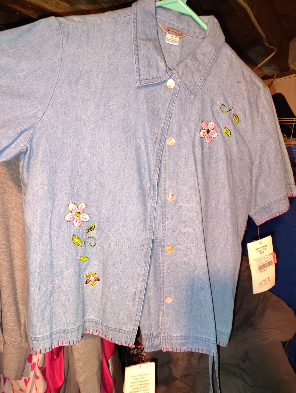 vintage Mountain Lake Denim Floral Embroidered Button-Up Collared Blouse Blue XL