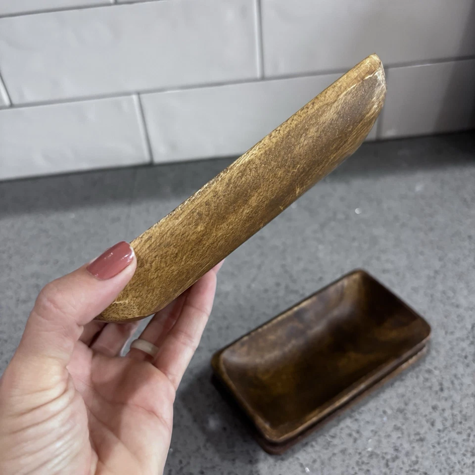 Lote 3 Platos Pequeños de Madera Rectangulares Baratija Decoración Acento Granja Bandejas Rústicas Foto 3 de 4