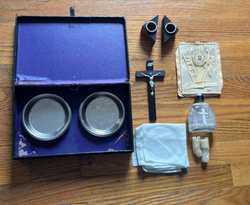 Vintage Catholic Last Rites Sick Call Box w/ Crucifix & Accessories